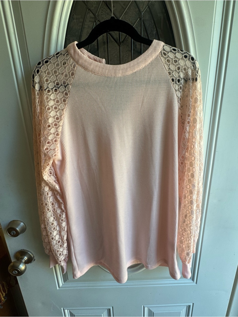 NWT MIHOLL Pink Waffle Knit Top Crochet Lace Sleeve Long Sleeve Shirt